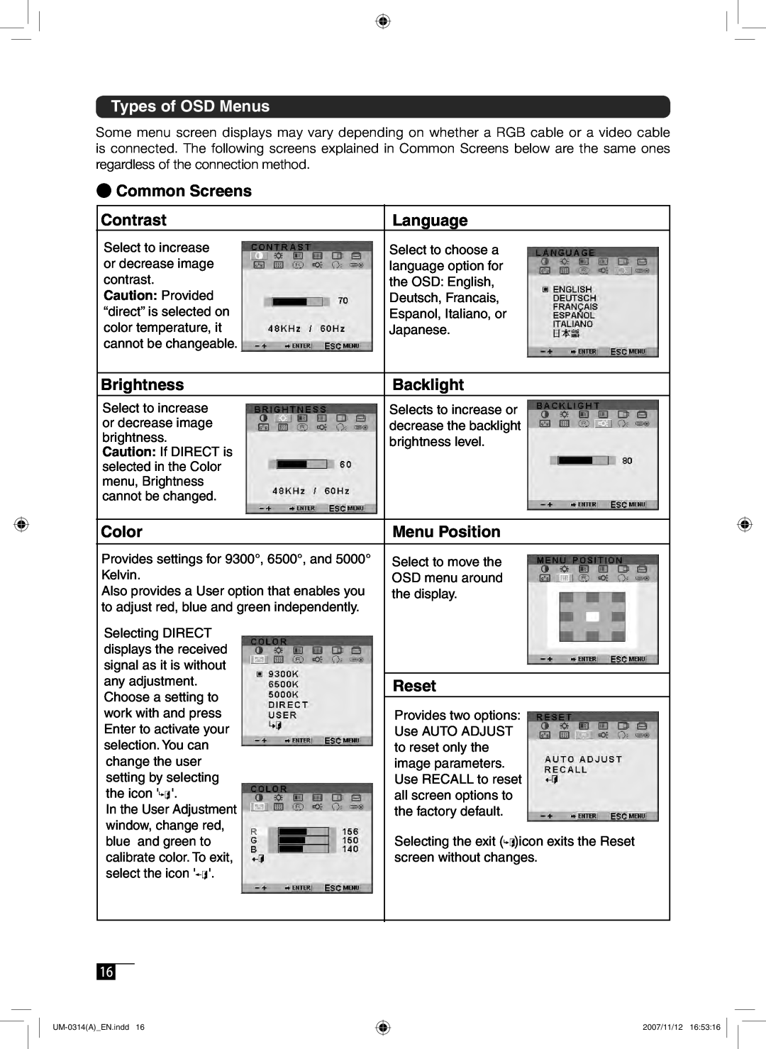 Wacom DTI-520 Types of OSD Menus, Common Screens, Contrast, Language, Brightness, Backlight, Color, Menu Position, Reset 